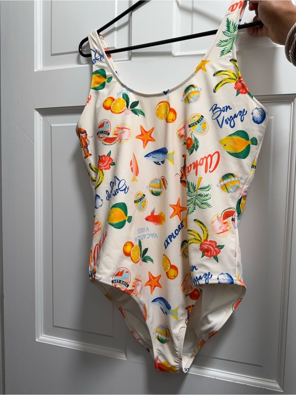 Old Navy Cream One-Piece Swimsuit with Tropical Fruit & Sea Motifs